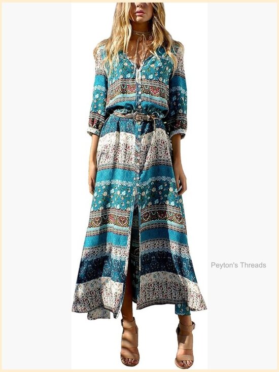 Dresses & Skirts - Boho Button Up V Neck Floral Print Roll Up Split Midi Dress